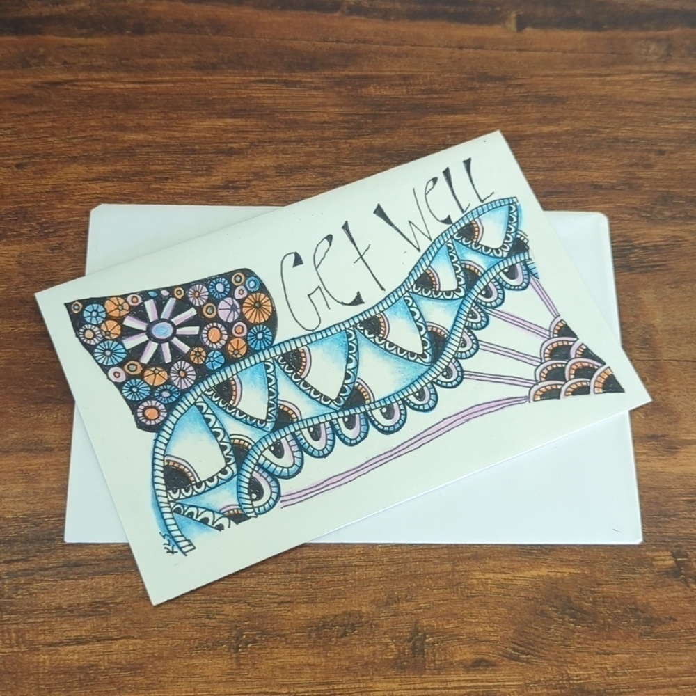 🌻5/$20 Handmade Get Well Floral Zentangle Card- Blue, Orange & Black